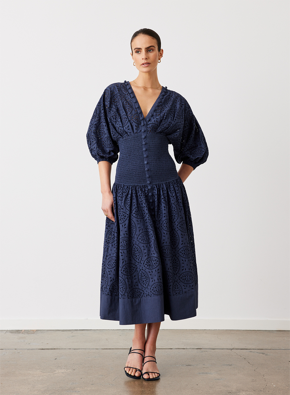 Regina Cotton Broiderie Midi Dress | Navy