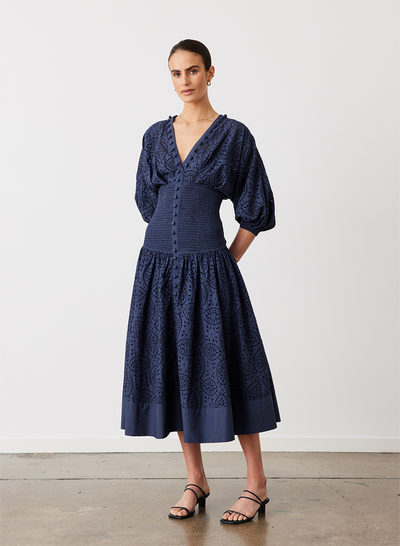 Regina Cotton Broiderie Midi Dress | Navy