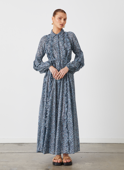 OLYMPIA ORGANIC COTTON MAXI SMOCK SHIRT DRESS | LICHEN ARTWORK