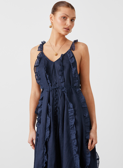 ISOBELLA LINEN RAMIE TRAPEZE MIDI DRESS | NAVY