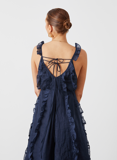 ISOBELLA LINEN RAMIE TRAPEZE MIDI DRESS | NAVY