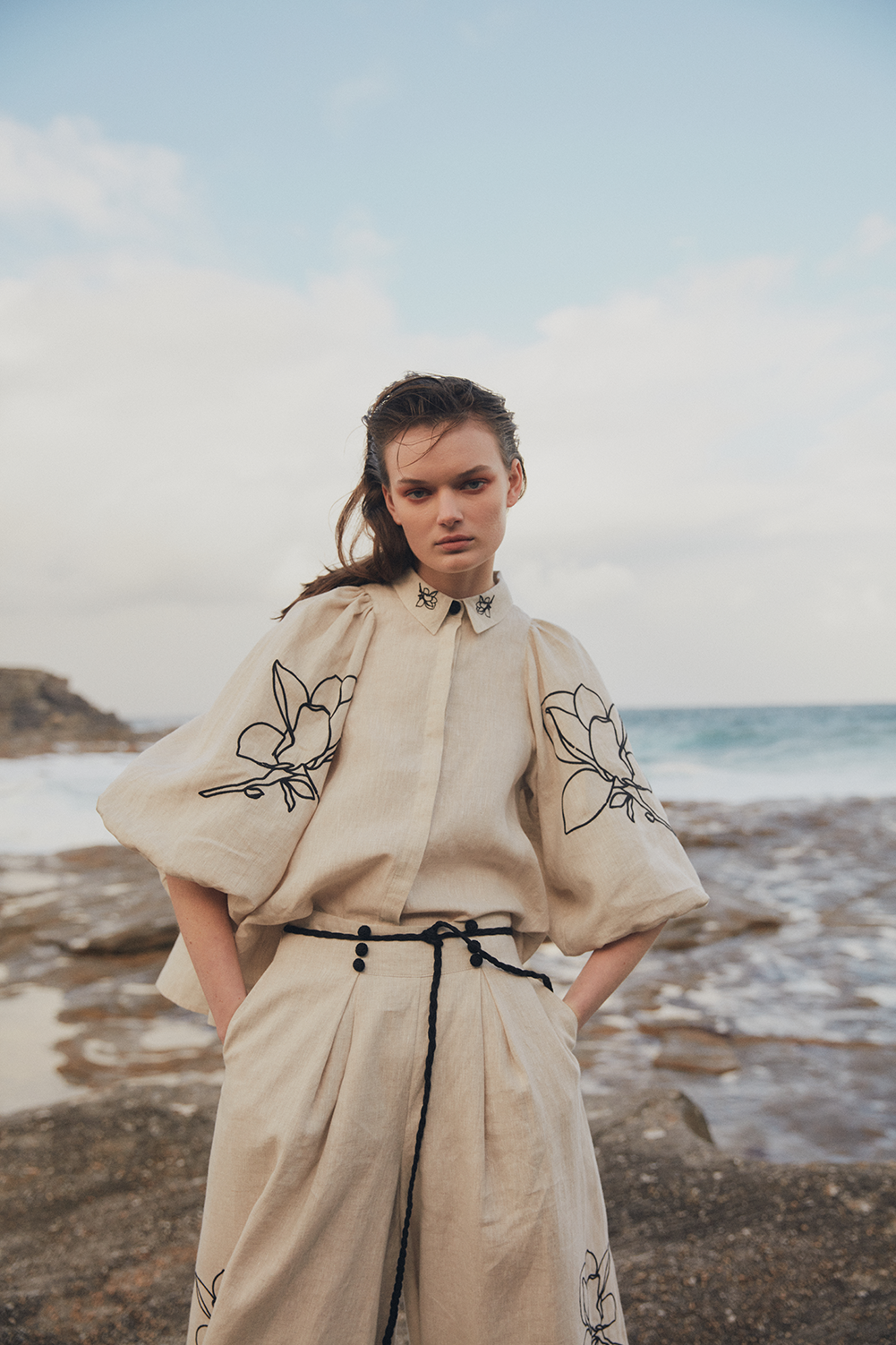 Lola Linen Embroidery Shirt | Flax Black