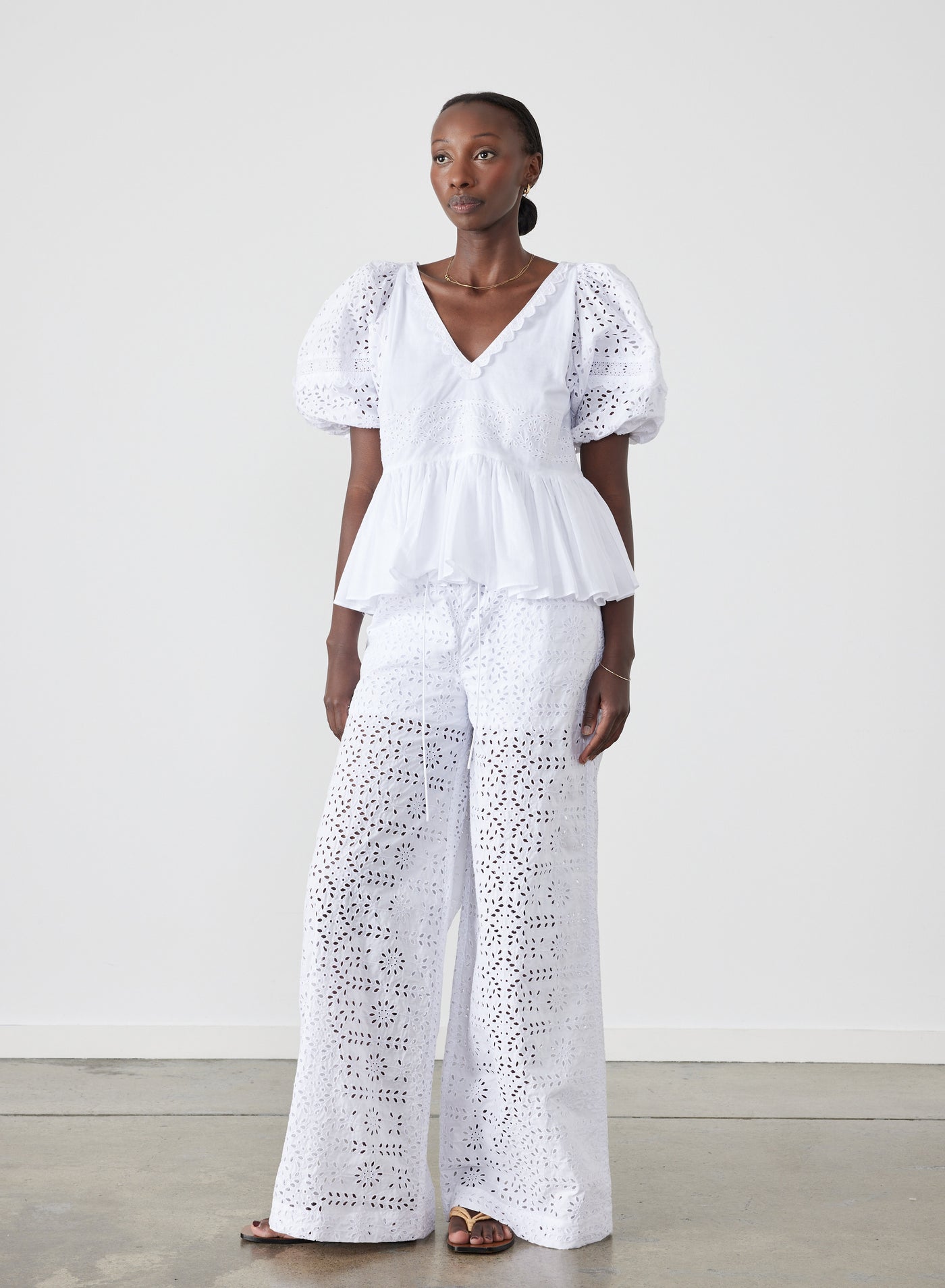 Sophia Organic Cotton Broderie Palazzo Pant | Optical White