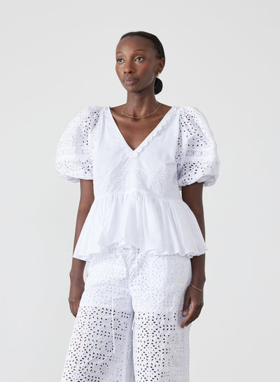 Karina Organic Cotton Broderie Smock Top | Optical White