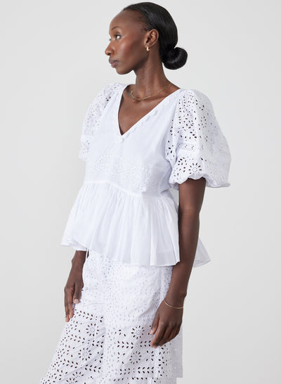 Karina Organic Cotton Broderie Smock Top | Optical White