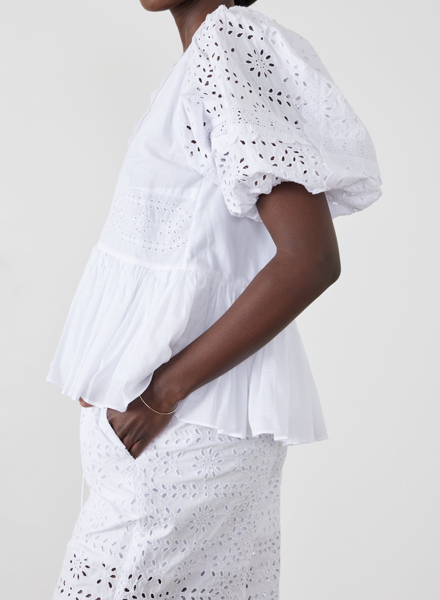 Karina Organic Cotton Broderie Smock Top | Optical White