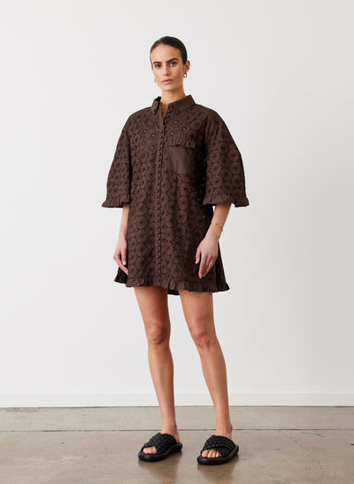 Anna Cotton Broderie Shirt Dress | Chocolate
