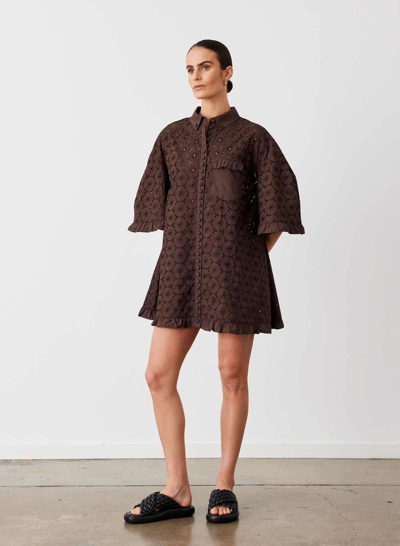 Anna Cotton Broderie Shirt Dress | Chocolate