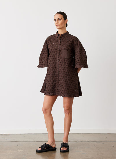 Anna Cotton Broderie Shirt Dress | Chocolate