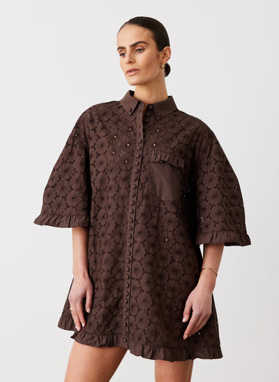 Anna Cotton Broderie Shirt Dress | Chocolate