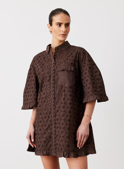 Anna Cotton Broderie Shirt Dress | Chocolate