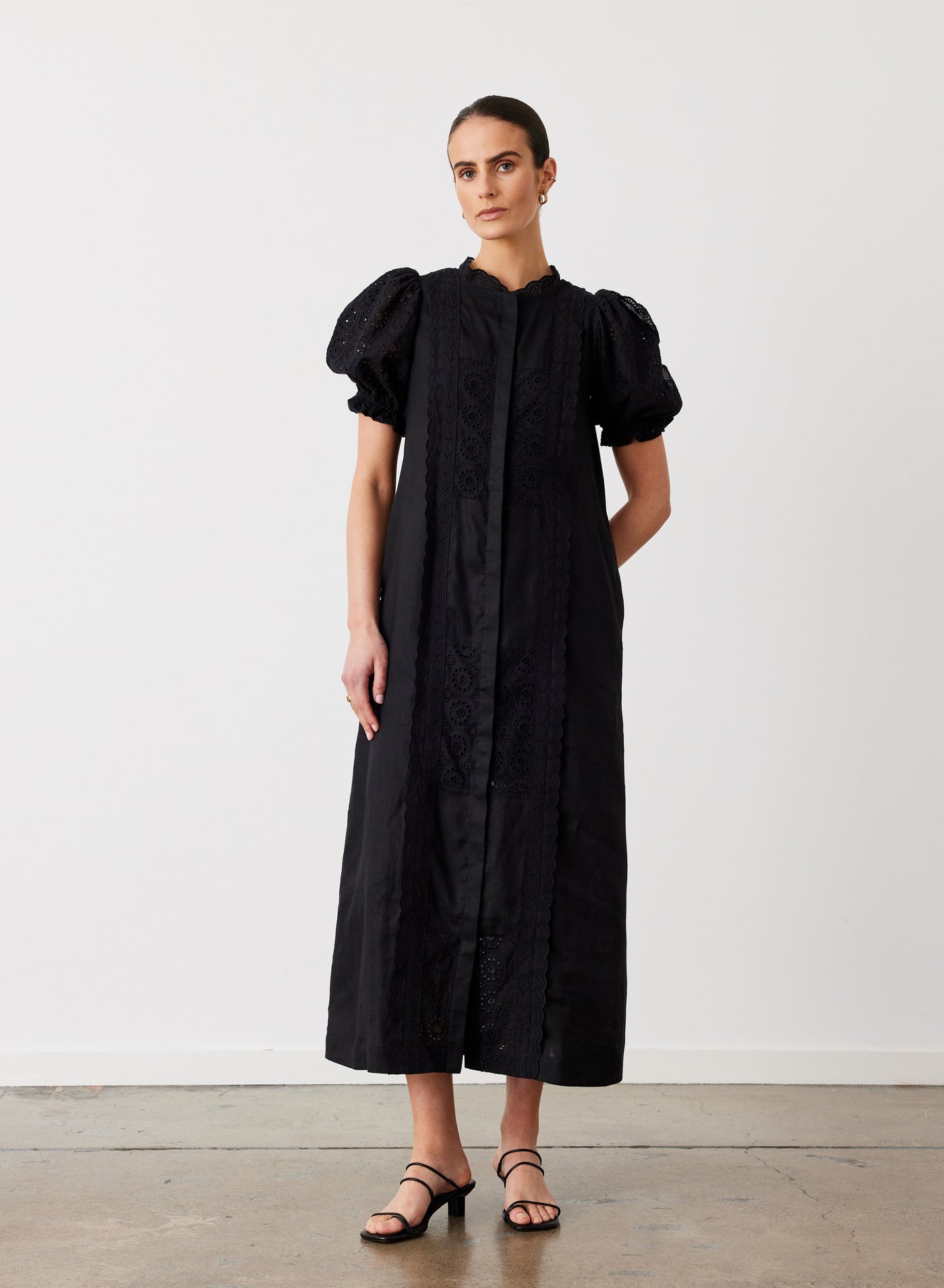EMILIA LINEN COTTON BROIDERIE MIDI SHIRT DRESS | BLACK