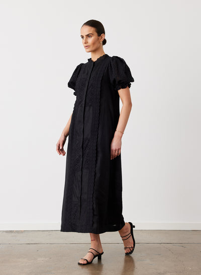EMILIA LINEN COTTON BROIDERIE MIDI SHIRT DRESS | BLACK