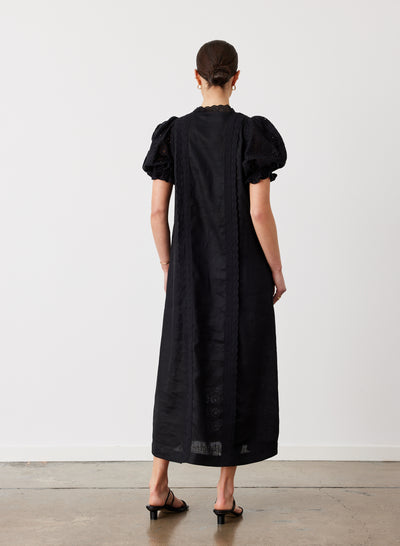 EMILIA LINEN COTTON BROIDERIE MIDI SHIRT DRESS | BLACK