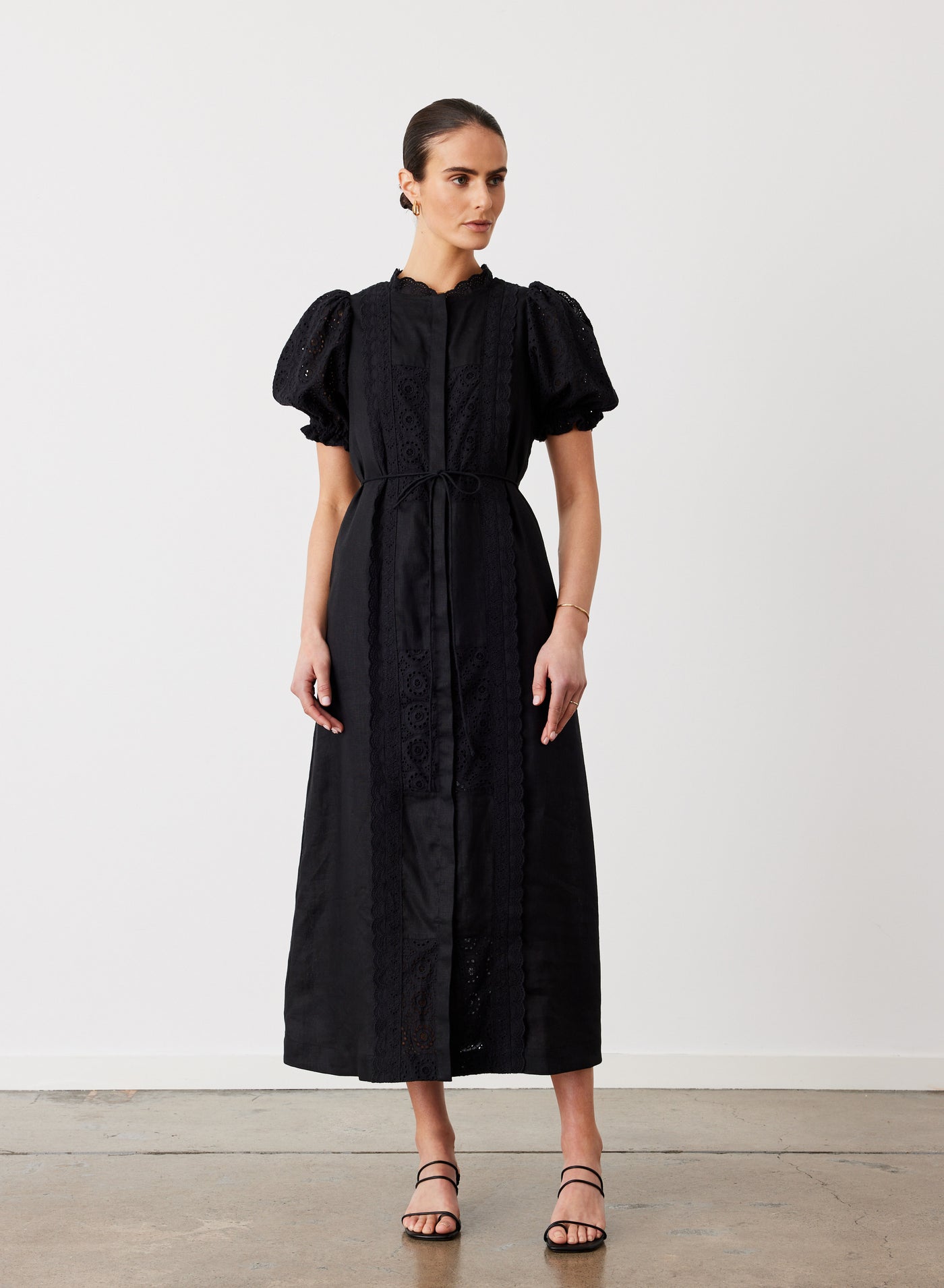 EMILIA LINEN COTTON BROIDERIE MIDI SHIRT DRESS | BLACK