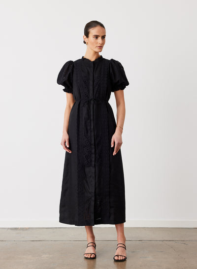EMILIA LINEN COTTON BROIDERIE MIDI SHIRT DRESS | BLACK