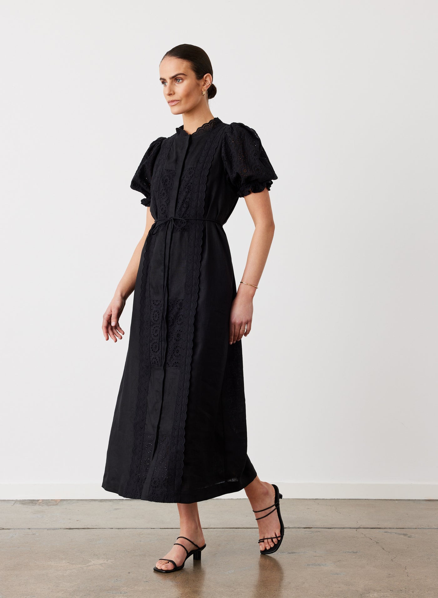 EMILIA LINEN COTTON BROIDERIE MIDI SHIRT DRESS | BLACK