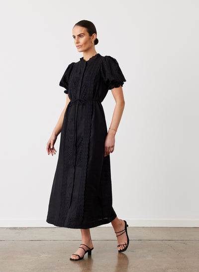 EMILIA LINEN COTTON BROIDERIE MIDI SHIRT DRESS | BLACK