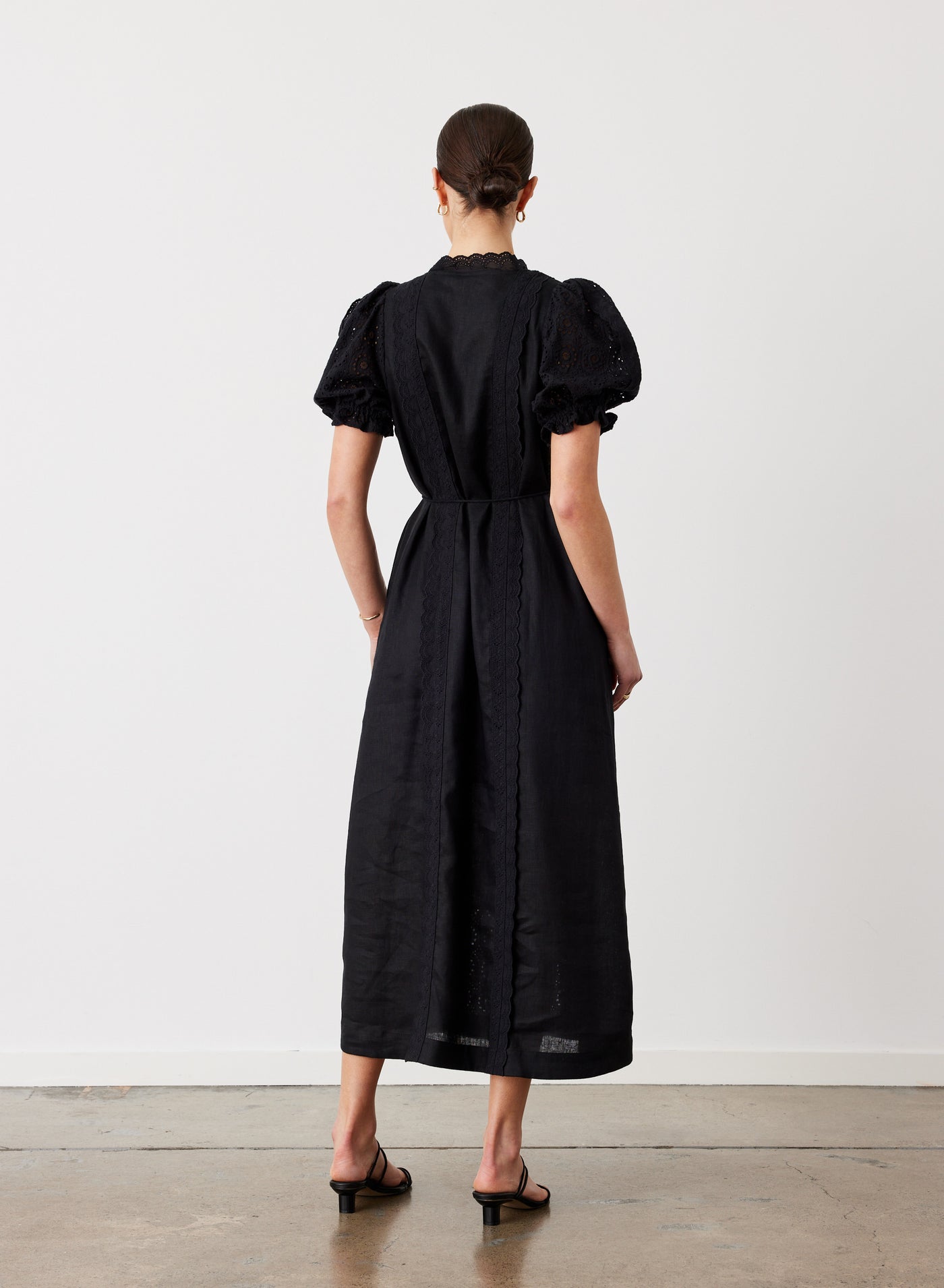 EMILIA LINEN COTTON BROIDERIE MIDI SHIRT DRESS | BLACK