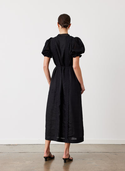 EMILIA LINEN COTTON BROIDERIE MIDI SHIRT DRESS | BLACK