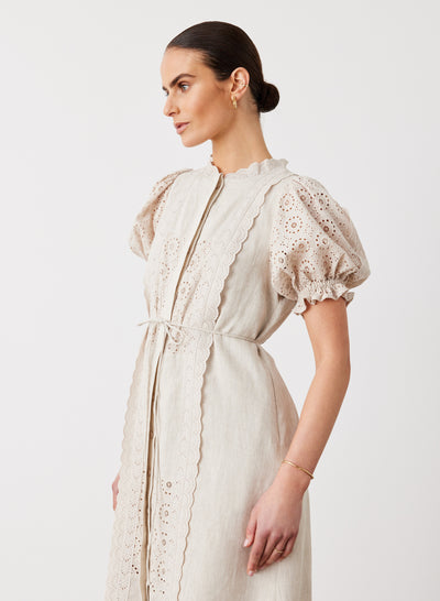 EMILIA LINEN COTTON BROIDERIE MIDI SHIRT DRESS | FLAX