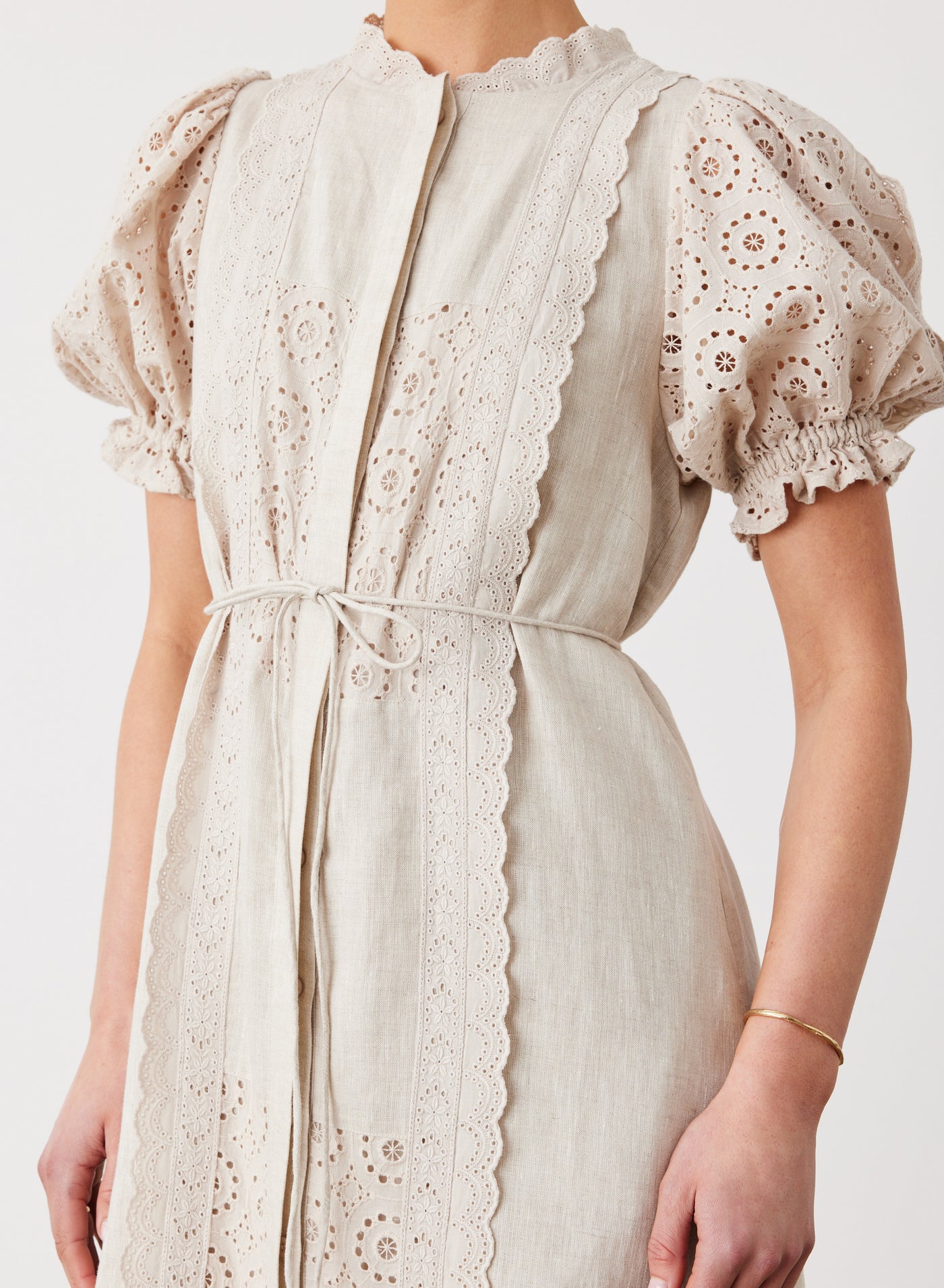 EMILIA LINEN COTTON BROIDERIE MIDI SHIRT DRESS | FLAX