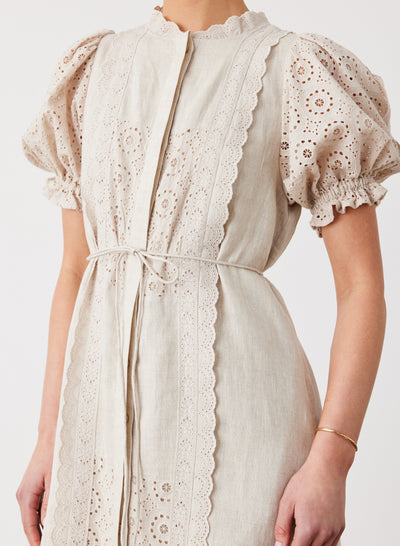 EMILIA LINEN COTTON BROIDERIE MIDI SHIRT DRESS | FLAX