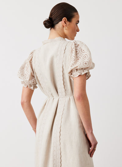 EMILIA LINEN COTTON BROIDERIE MIDI SHIRT DRESS | FLAX