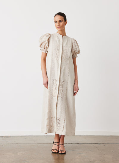 EMILIA LINEN COTTON BROIDERIE MIDI SHIRT DRESS | FLAX