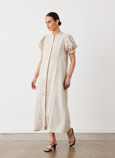 EMILIA LINEN COTTON BROIDERIE MIDI SHIRT DRESS | FLAX