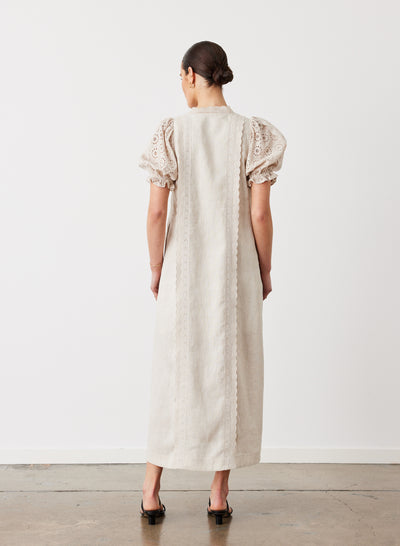EMILIA LINEN COTTON BROIDERIE MIDI SHIRT DRESS | FLAX