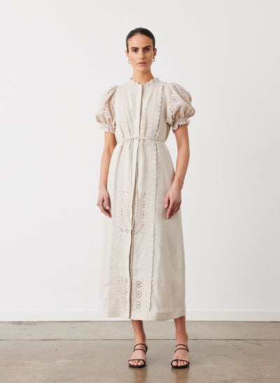 EMILIA LINEN COTTON BROIDERIE MIDI SHIRT DRESS | FLAX
