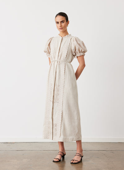 EMILIA LINEN COTTON BROIDERIE MIDI SHIRT DRESS | FLAX