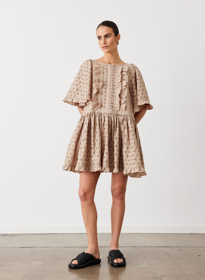 GRACIE COTTON BRODERIE SMOCK MINI DRESS | CAMEL
