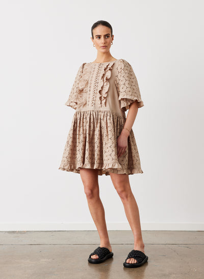 GRACIE COTTON BRODERIE SMOCK MINI DRESS | CAMEL