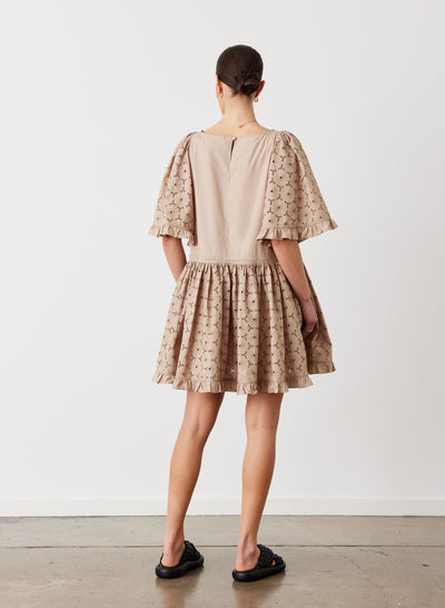GRACIE COTTON BRODERIE SMOCK MINI DRESS | CAMEL