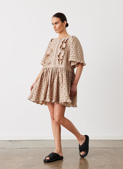 GRACIE COTTON BRODERIE SMOCK MINI DRESS | CAMEL