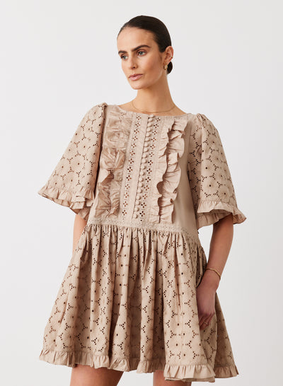 GRACIE COTTON BRODERIE SMOCK MINI DRESS | CAMEL