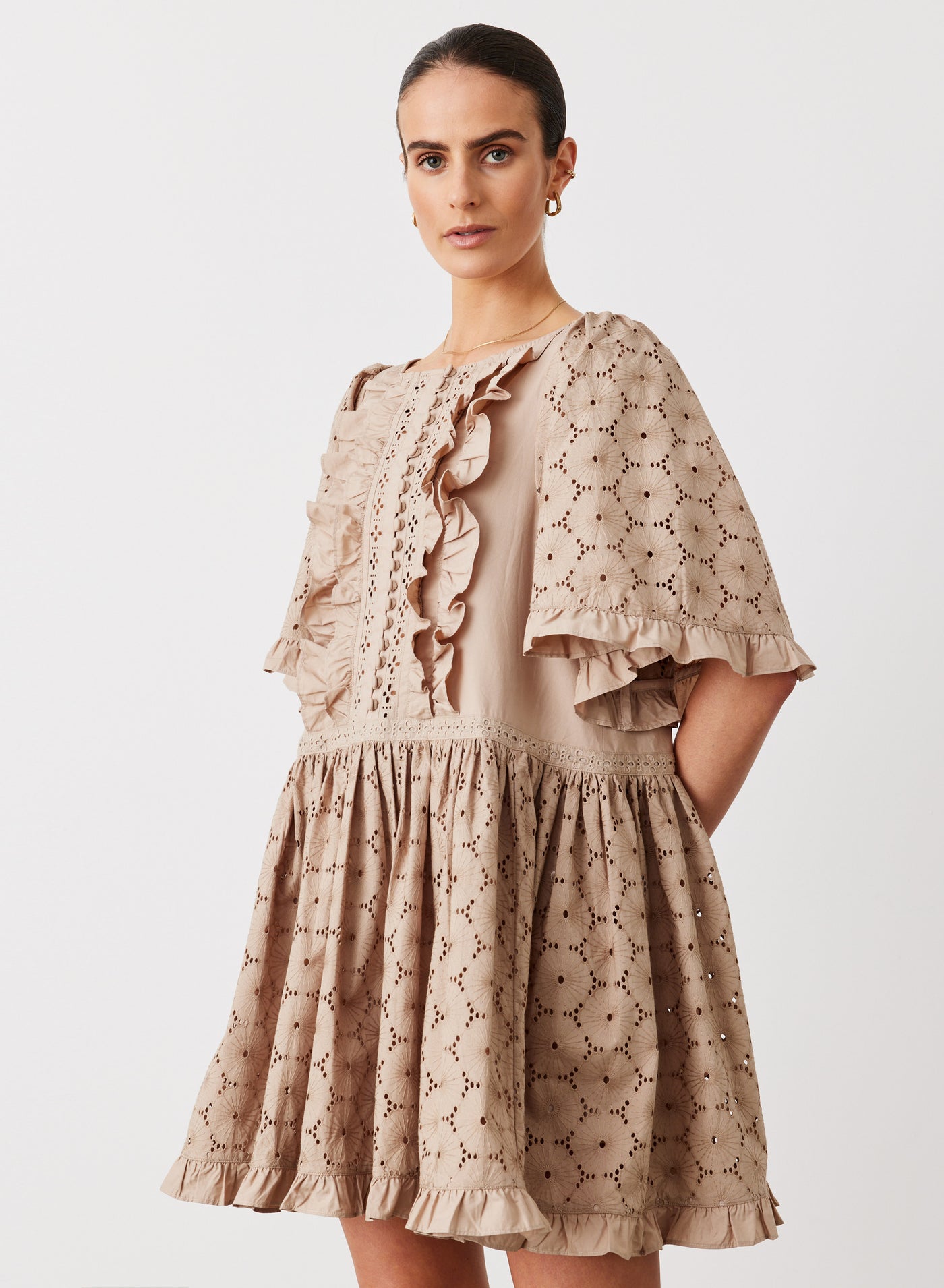 GRACIE COTTON BRODERIE SMOCK MINI DRESS | CAMEL