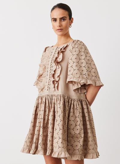 GRACIE COTTON BRODERIE SMOCK MINI DRESS | CAMEL