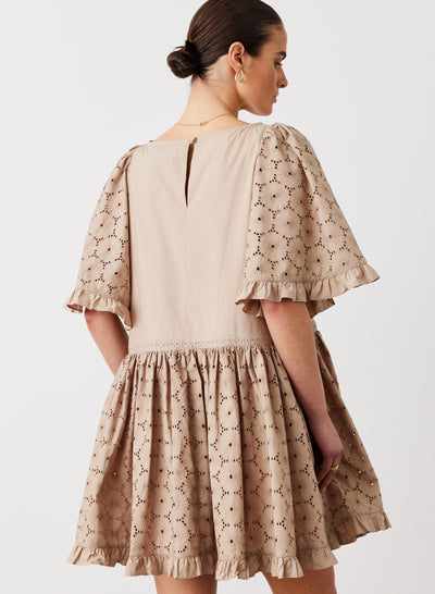 GRACIE COTTON BRODERIE SMOCK MINI DRESS | CAMEL