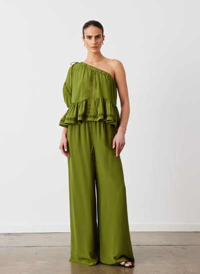 SOPHIA SILK PALAZZO PANT | SANDWASH OLIVE