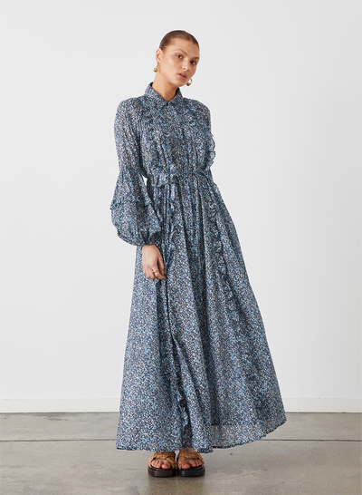 OLYMPIA ORGANIC COTTON MAXI SMOCK SHIRT DRESS | LICHEN ARTWORK
