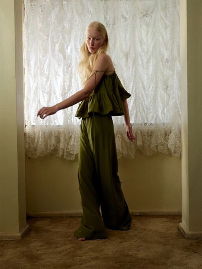 SOPHIA SILK PALAZZO PANT | SANDWASH OLIVE