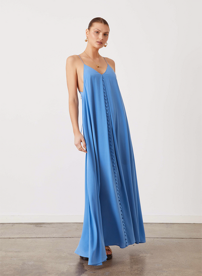 ISOBEL SILK TRAPEZE MAXI DRESS | SANDWASH CERULEAN
