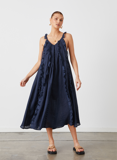 ISOBELLA LINEN RAMIE TRAPEZE MIDI DRESS | NAVY