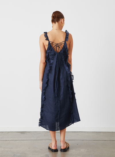ISOBELLA LINEN RAMIE TRAPEZE MIDI DRESS | NAVY