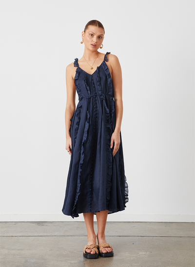 ISOBELLA LINEN RAMIE TRAPEZE MIDI DRESS | NAVY