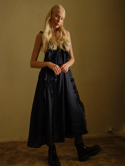 ISOBELLA LINEN RAMIE TRAPEZE MIDI DRESS | NAVY