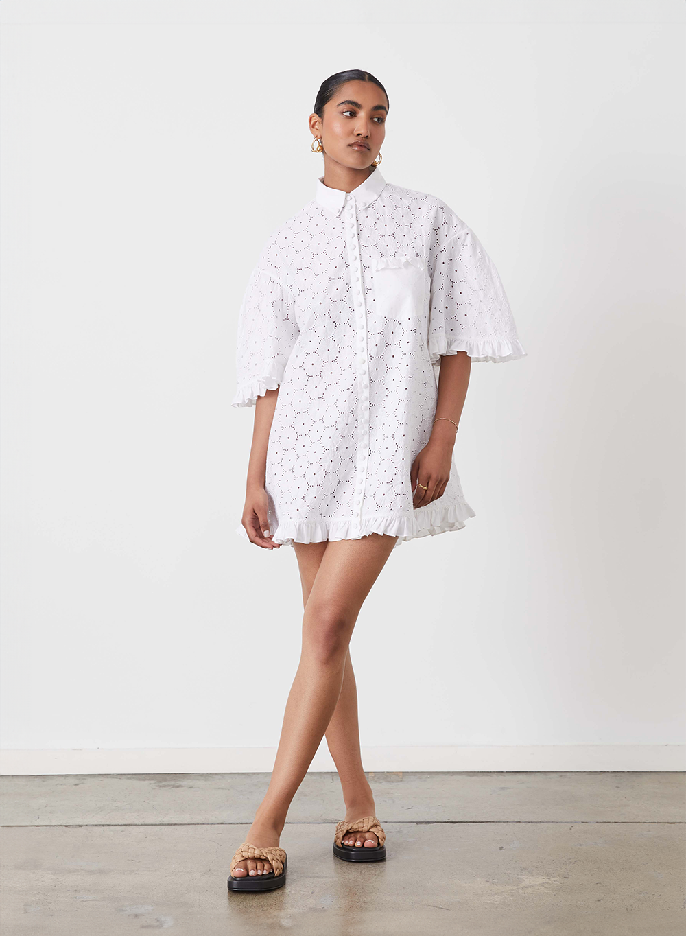 ANNA ORGANIC COTTON BROIDERIE SHIRT DRESS | OPTICAL WHITE